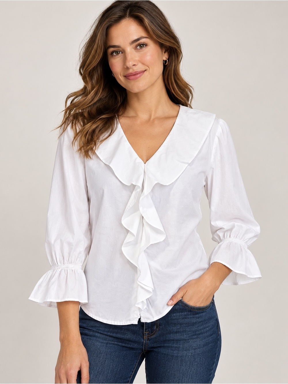 Vintage Ralph Lauren White 100% Cotton Ruffle-Front Blouse